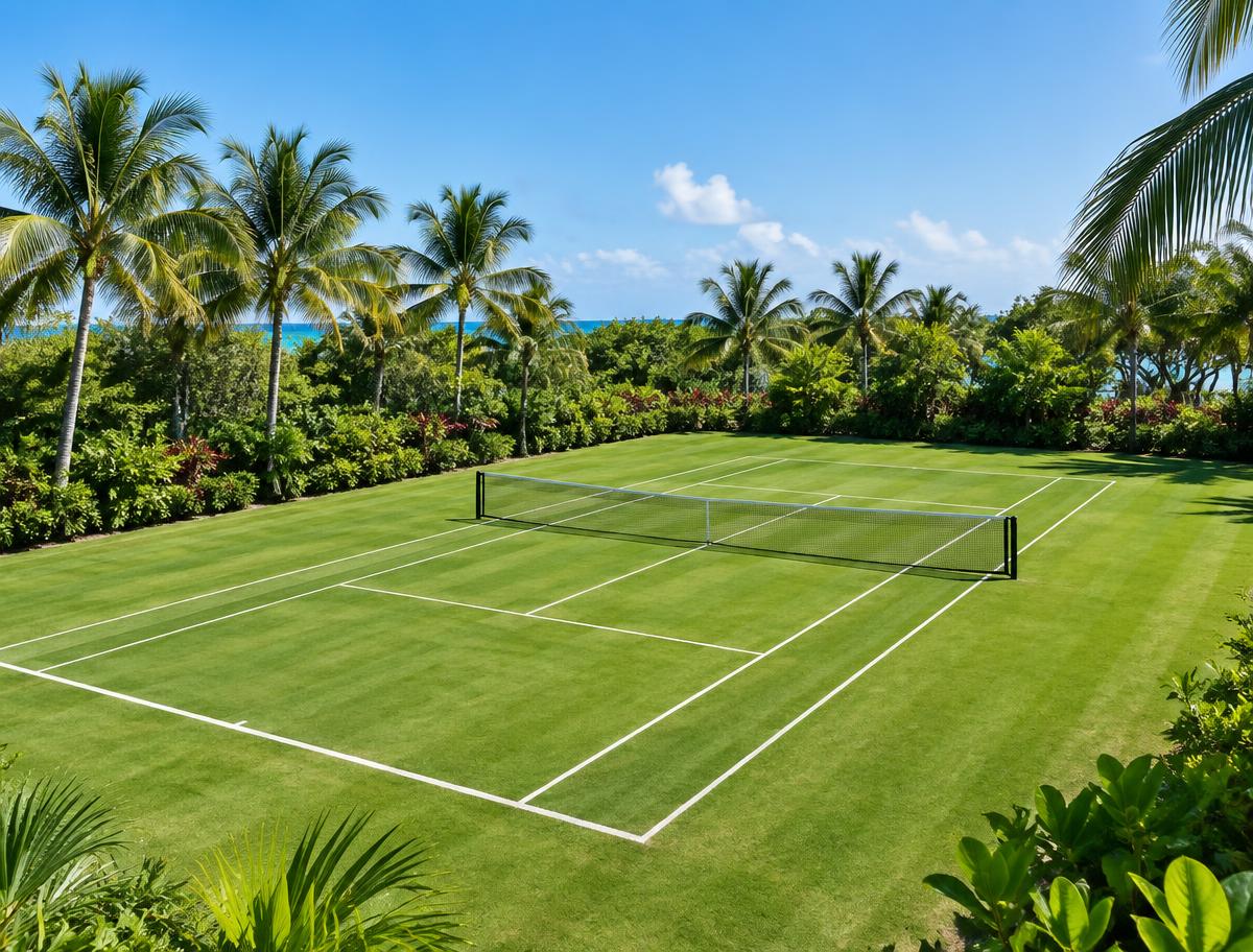 Cancha de tenis de pasto rodeada de palmeras en la Riviera Maya